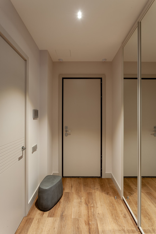 На фото: входная дверь среднего размера в современном стиле с серыми стенами, полом из винила, одностворчатой входной дверью, серой входной дверью и коричневым полом с