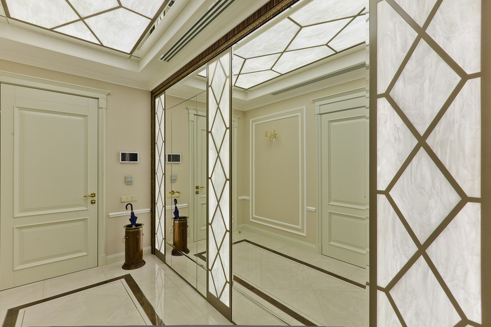 Design ideas for a medium sized classic front door in Saint Petersburg with beige walls, porcelain flooring, a single front door, a white front door and beige floors.