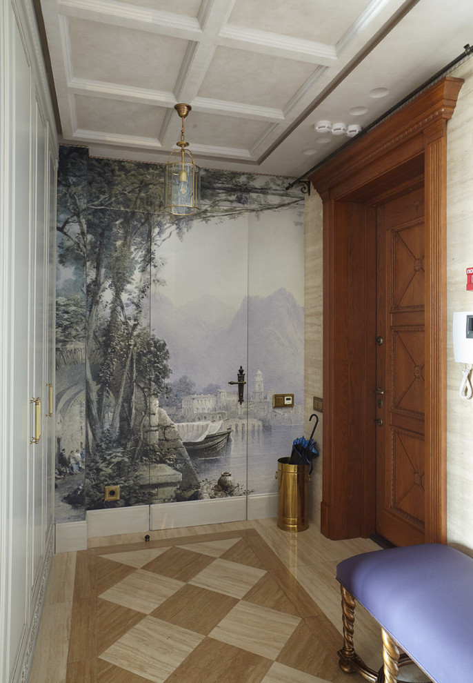 Classic foyer in Moscow with multi-coloured walls, a single front door, a medium wood front door and a feature wall.