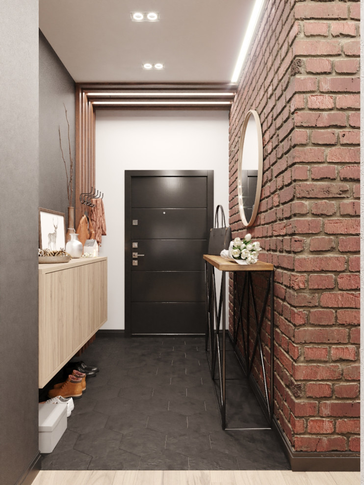 Idee per un corridoio minimal di medie dimensioni con pareti multicolore, pavimento in gres porcellanato, una porta singola, una porta nera e pavimento nero