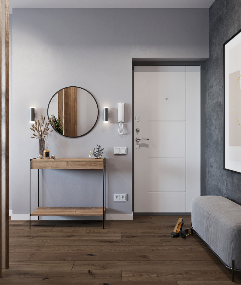 Kleine Moderne Haustür mit grauer Wandfarbe, Laminat, Einzeltür, weißer Haustür und braunem Boden in Sonstige