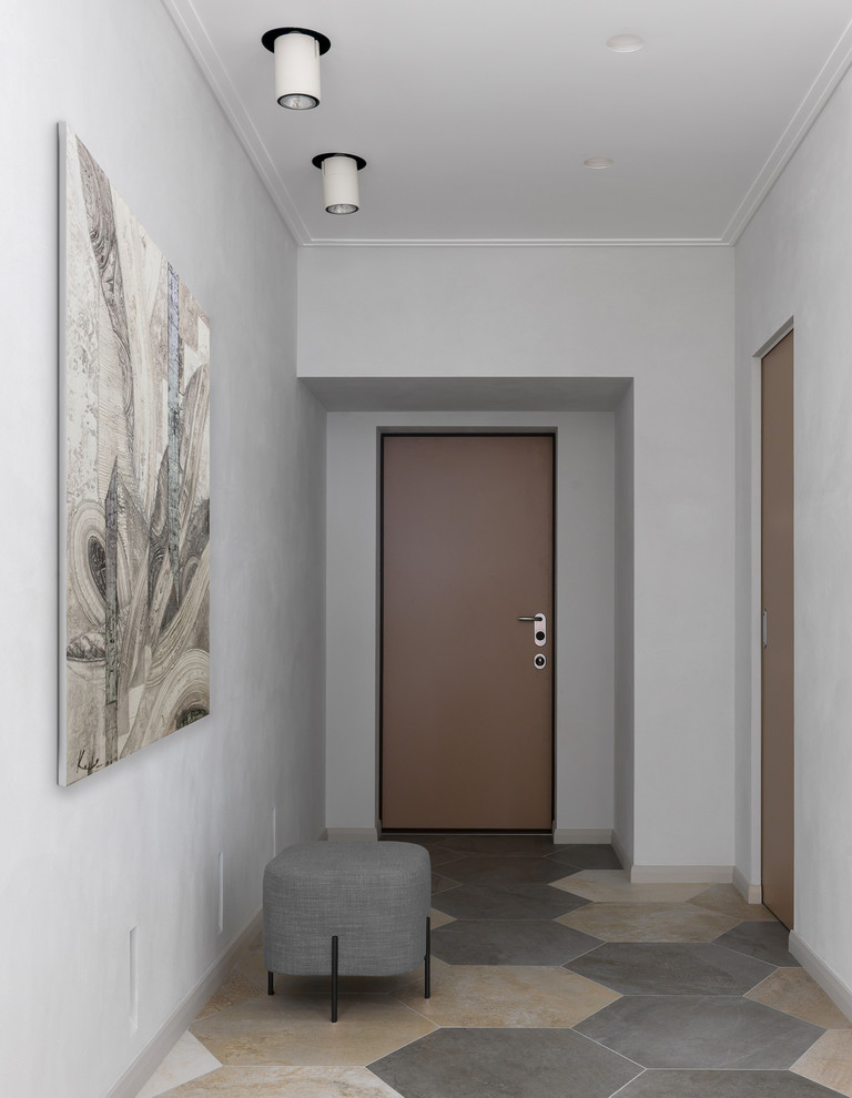 Пример оригинального дизайна: маленькая входная дверь в современном стиле с серыми стенами, полом из керамогранита, одностворчатой входной дверью, коричневой входной дверью и разноцветным полом для на участке и в саду