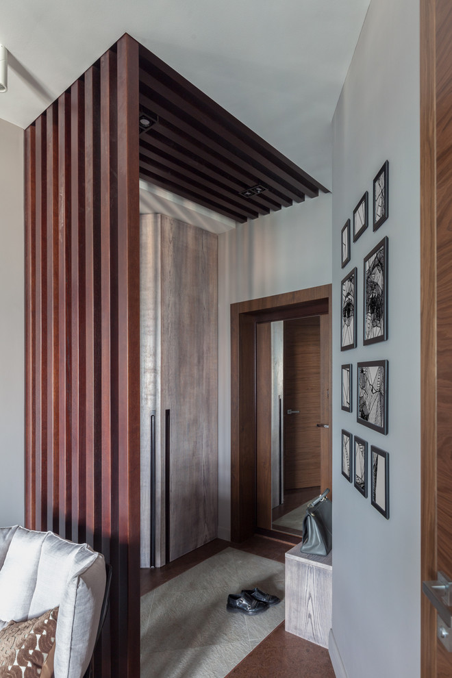 他の地域にある高級な小さなコンテンポラリースタイルのおしゃれな玄関ドア (グレーの壁、磁器タイルの床、濃色木目調のドア、グレーの床) の写真
