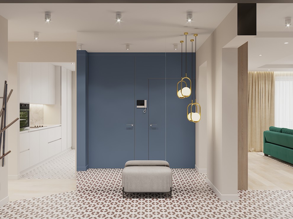 Пример оригинального дизайна: большая узкая прихожая: освещение в современном стиле с бежевыми стенами, полом из керамической плитки, одностворчатой входной дверью, синей входной дверью, разноцветным полом и многоуровневым потолком