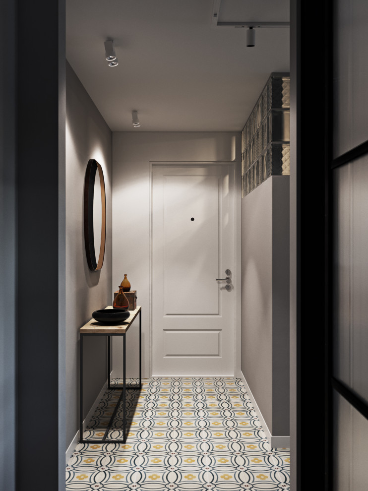 Источник вдохновения для домашнего уюта: входная дверь среднего размера в скандинавском стиле с серыми стенами, полом из керамической плитки, одностворчатой входной дверью, белой входной дверью и разноцветным полом