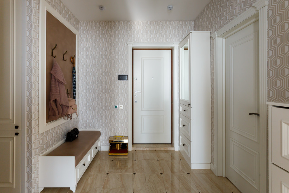 Entryway - mid-sized transitional ceramic tile and beige floor entryway idea in Moscow with beige walls and a white front door