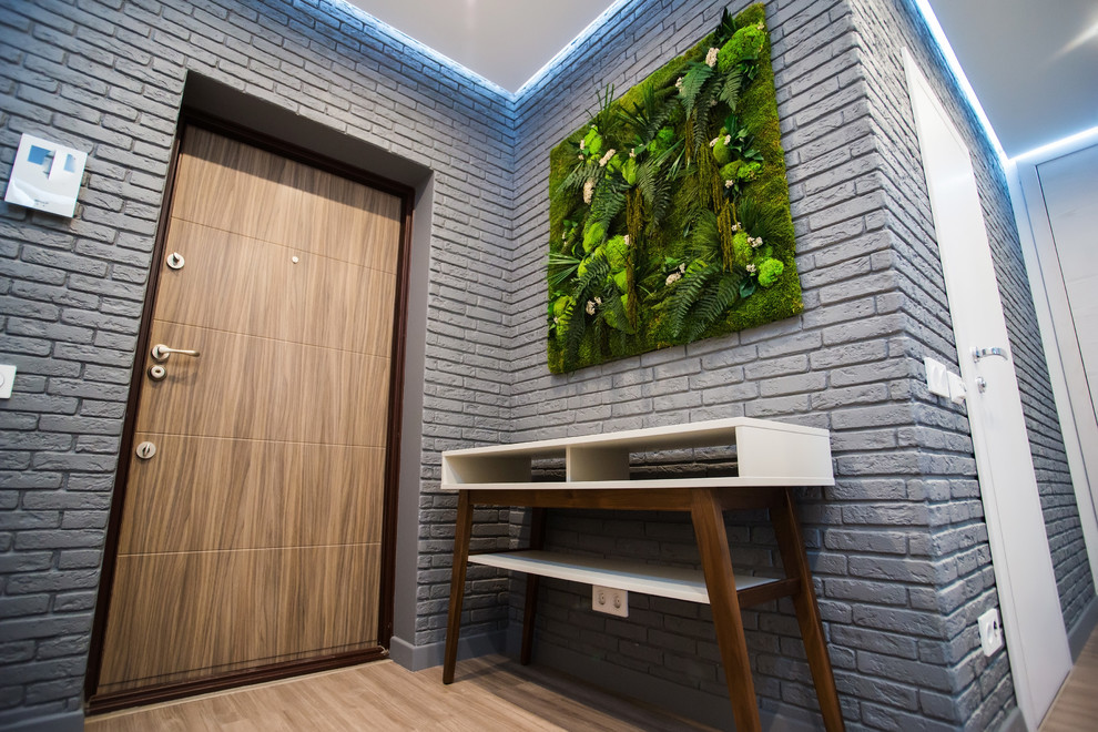 ノボシビルスクにあるお手頃価格の小さなコンテンポラリースタイルのおしゃれな玄関ドア (グレーの壁、ラミネートの床、淡色木目調のドア、ベージュの床) の写真