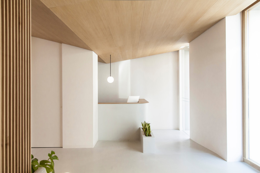 Large danish concrete floor, gray floor and wood ceiling hallway photo in Seville with white walls