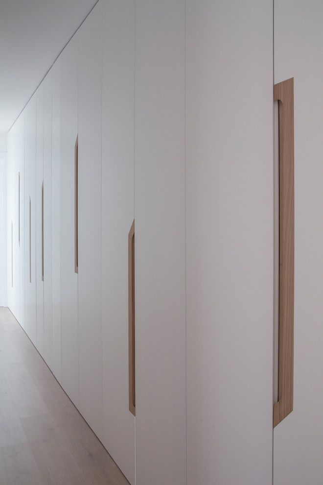 Modelo de recibidores y pasillos nórdicos grandes con paredes blancas y suelo de madera clara