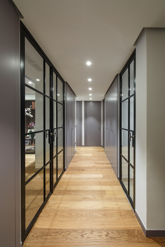 Hallway - large contemporary medium tone wood floor and brown floor hallway idea in Madrid with gray walls