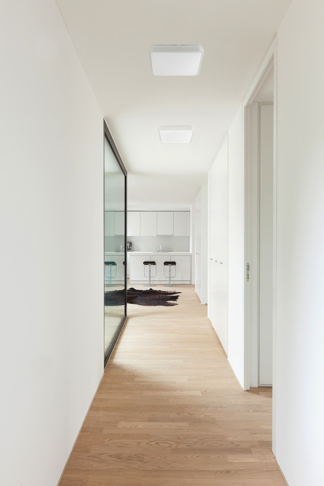 Ejemplo de recibidores y pasillos minimalistas de tamaño medio con paredes blancas y suelo de madera clara
