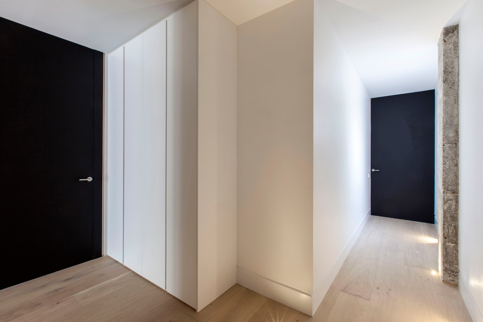 Imagen de recibidores y pasillos modernos de tamaño medio con paredes blancas y suelo de madera en tonos medios
