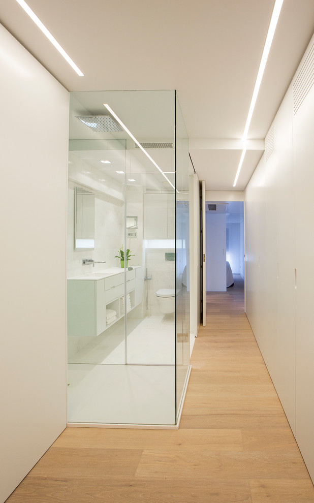 Foto de recibidores y pasillos actuales de tamaño medio con paredes blancas y suelo de madera clara