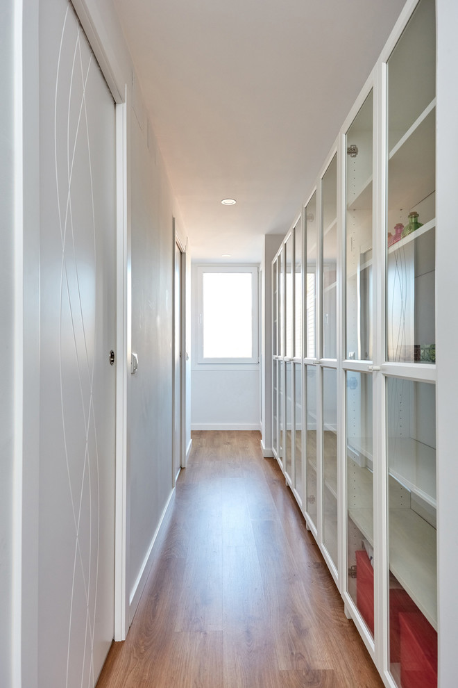 Small danish laminate floor and brown floor hallway photo in Other with white walls