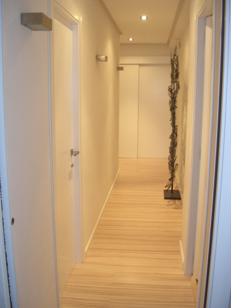 Diseño de recibidores y pasillos contemporáneos pequeños con paredes blancas y suelo de madera en tonos medios