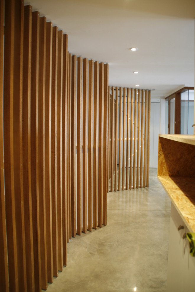Esempio di un ingresso o corridoio design di medie dimensioni con pareti marroni e pavimento in cemento