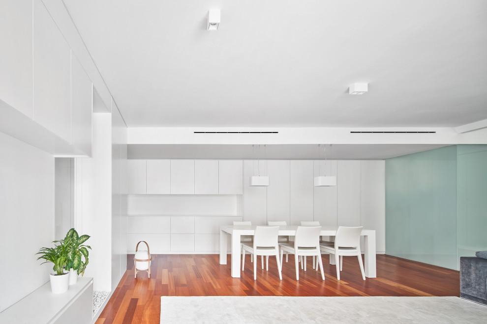 Modelo de sala de estar actual con paredes blancas, suelo de madera en tonos medios, chimenea lineal y marco de chimenea de yeso