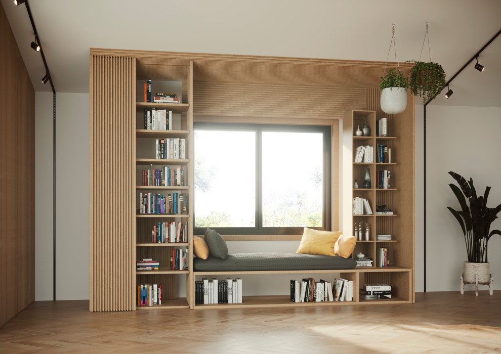 Imagen de sala de estar con biblioteca abierta de estilo de casa de campo de tamaño medio sin chimenea y televisor con paredes blancas, suelo de madera clara y suelo marrón
