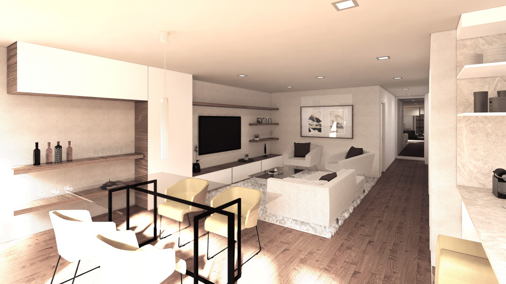 Mittelgroßes, Offenes Mediterranes Wohnzimmer mit grauer Wandfarbe, braunem Holzboden, TV-Wand, braunem Boden, eingelassener Decke und Wandpaneelen in Palma de Mallorca