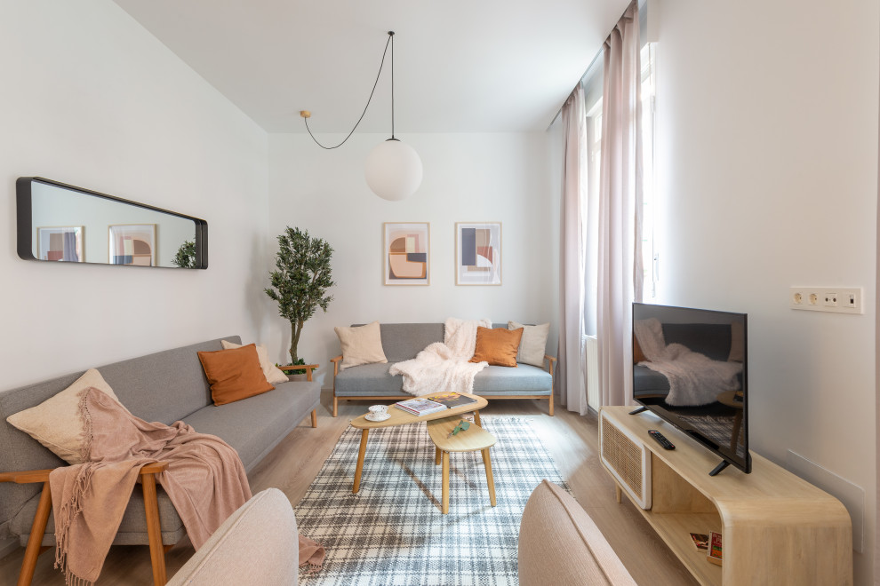 Diseño de sala de estar nórdica con alfombra