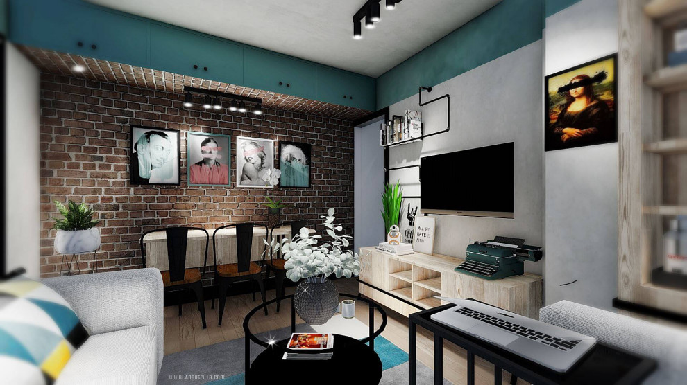 Идея дизайна: маленькая открытая гостиная комната в стиле лофт с серыми стенами, паркетным полом среднего тона, телевизором на стене, коричневым полом и кирпичными стенами для на участке и в саду