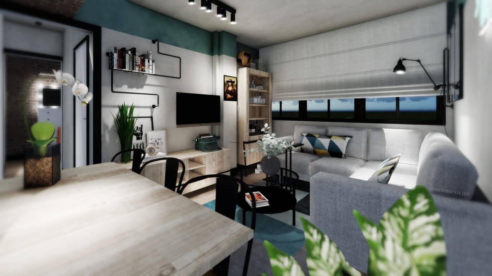 Foto di un piccolo soggiorno industriale aperto con pareti grigie, pavimento in legno massello medio, TV a parete, pavimento marrone e pareti in mattoni