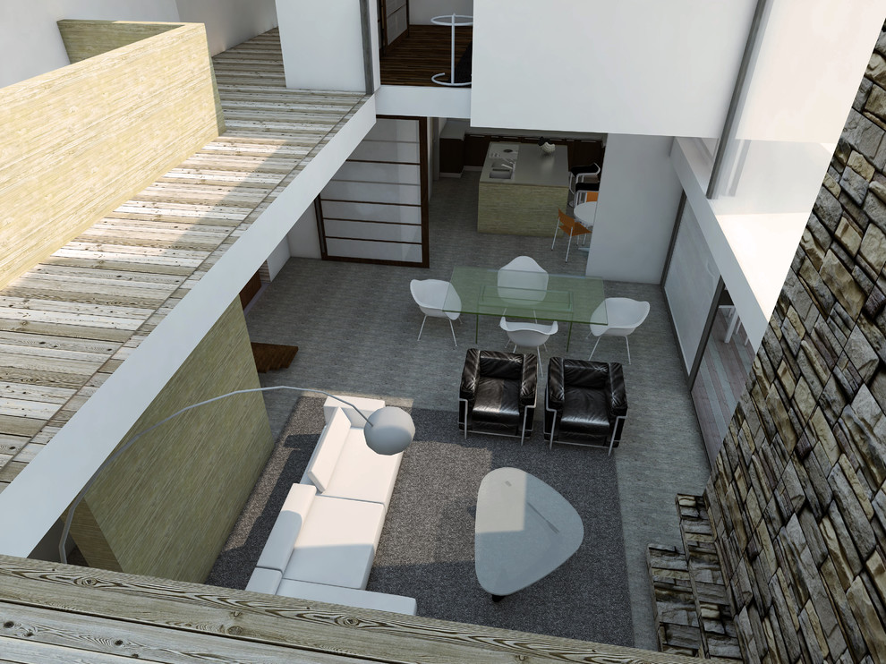 На фото: большая двухуровневая гостиная комната в стиле модернизм с белыми стенами, бетонным полом, горизонтальным камином и фасадом камина из камня с
