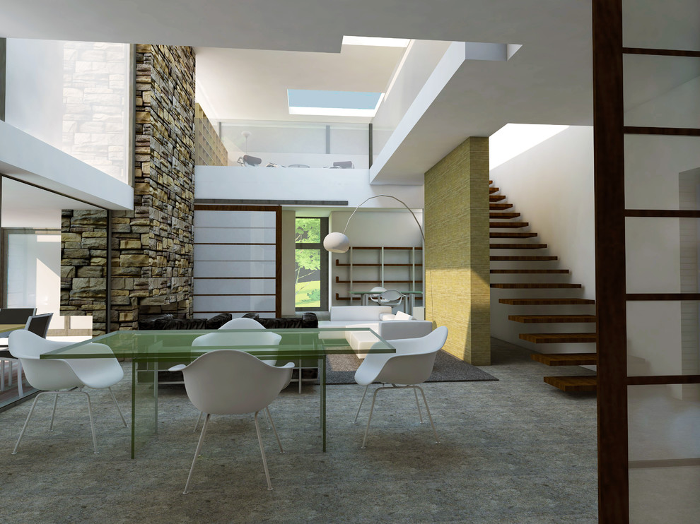 Idee per un grande soggiorno moderno stile loft con pareti bianche, pavimento in cemento, camino lineare Ribbon e cornice del camino in pietra