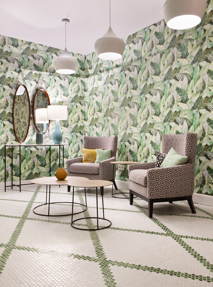 Réalisation d'une salle de séjour vintage de taille moyenne avec un mur vert, parquet peint et un sol vert.