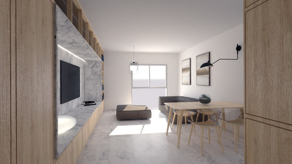 Idée de décoration pour une grande salle de séjour nordique ouverte avec un mur blanc, un sol en marbre, un téléviseur fixé au mur et un sol blanc.