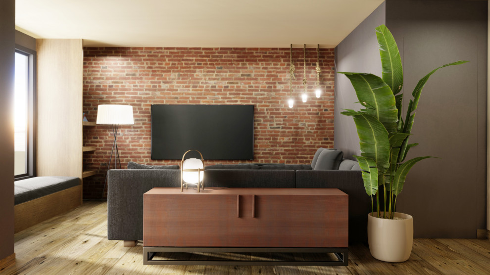 Стильный дизайн: открытая гостиная комната среднего размера в стиле лофт с разноцветными стенами, полом из ламината, горизонтальным камином, телевизором на стене и коричневым полом - последний тренд