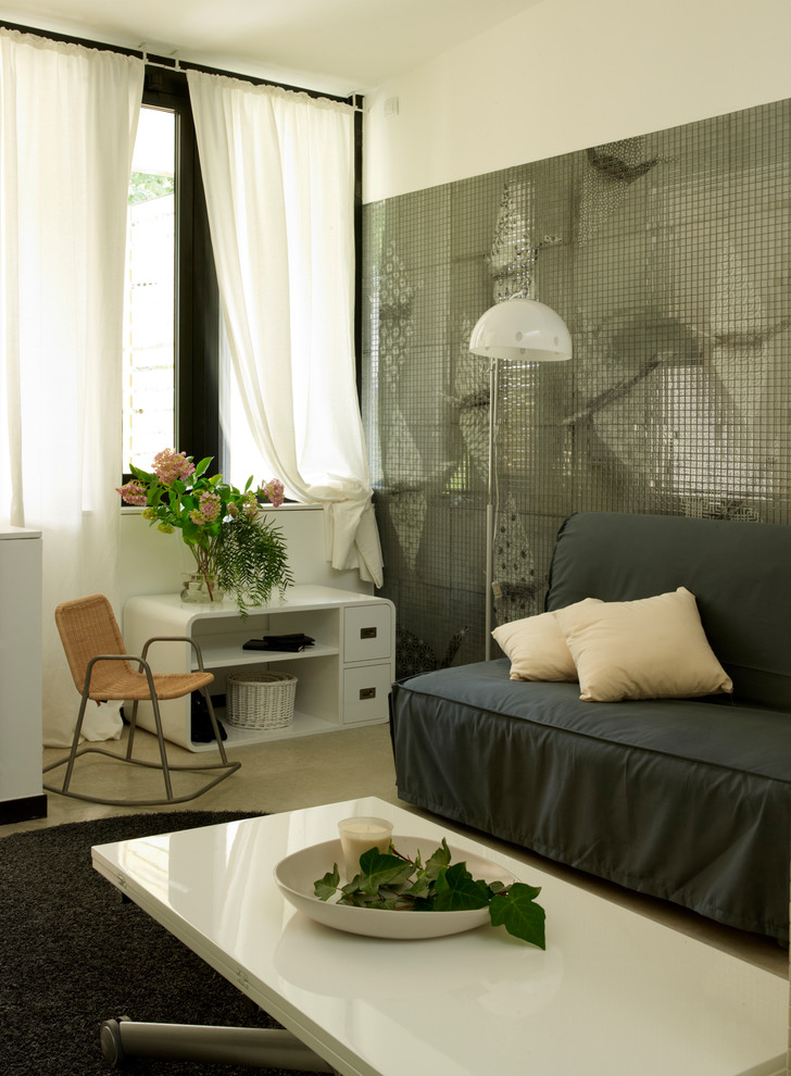 Ispirazione per un soggiorno contemporaneo di medie dimensioni con pavimento beige