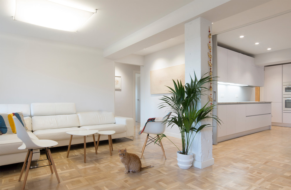 Foto de sala de estar abierta actual de tamaño medio sin televisor con paredes blancas y suelo de madera clara