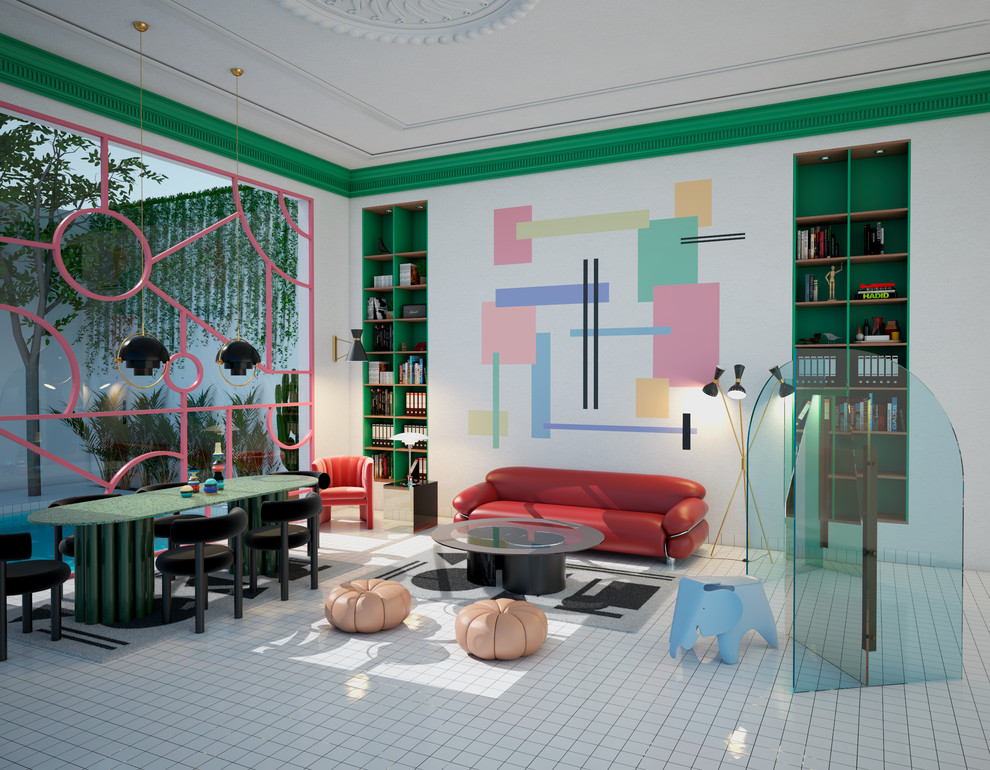 Idee per un soggiorno minimal di medie dimensioni e aperto con pareti multicolore, pavimento con piastrelle in ceramica, nessuna TV e pavimento bianco