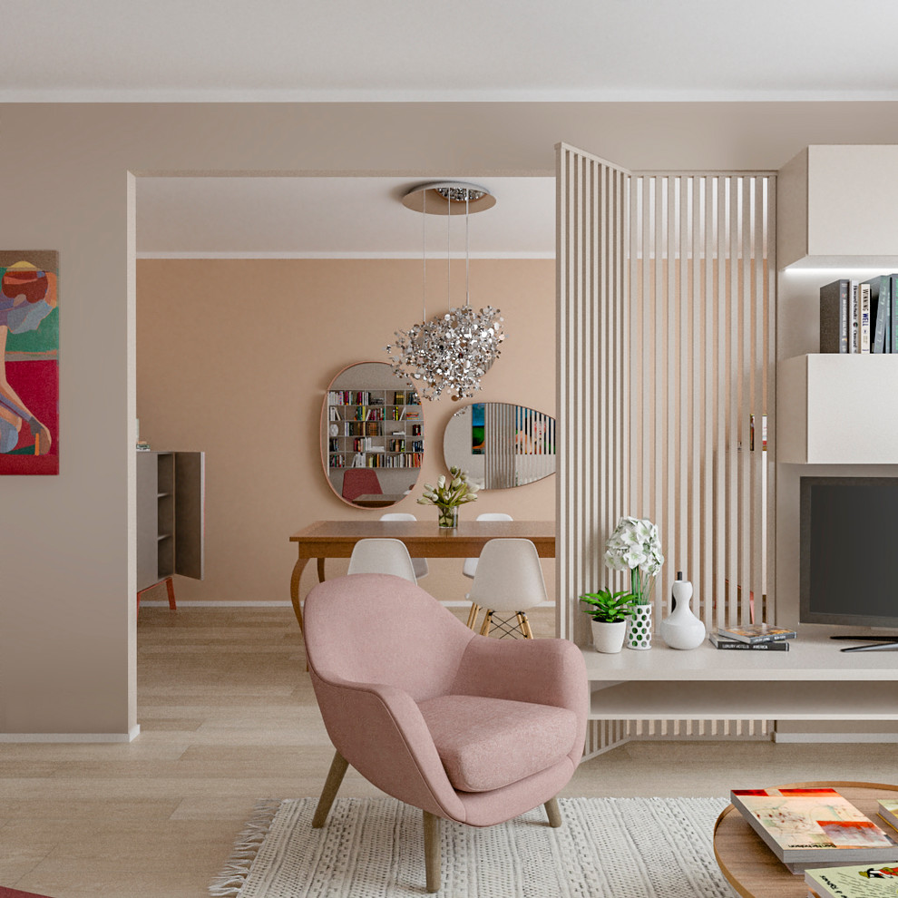 На фото: гостиная-столовая среднего размера в современном стиле с розовыми стенами и полом из керамогранита с