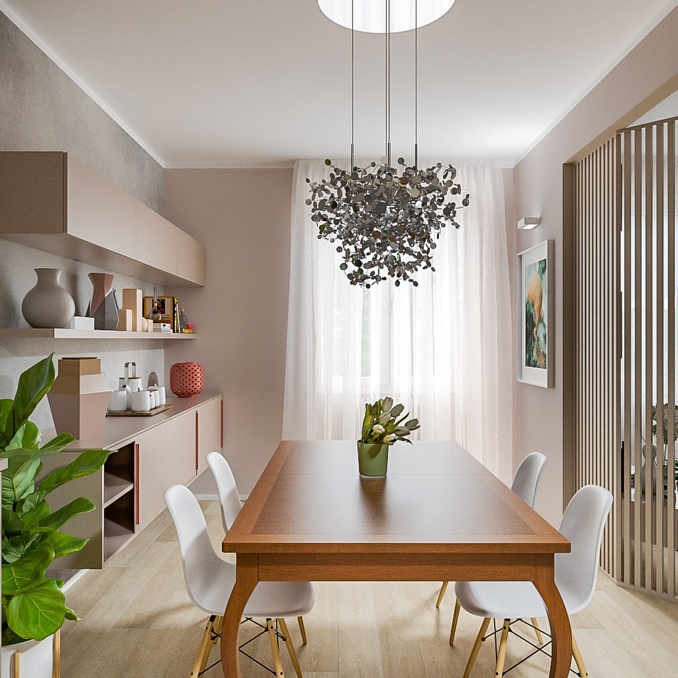 Immagine di una sala da pranzo aperta verso il soggiorno contemporanea di medie dimensioni con pareti beige, pavimento in gres porcellanato e pavimento beige