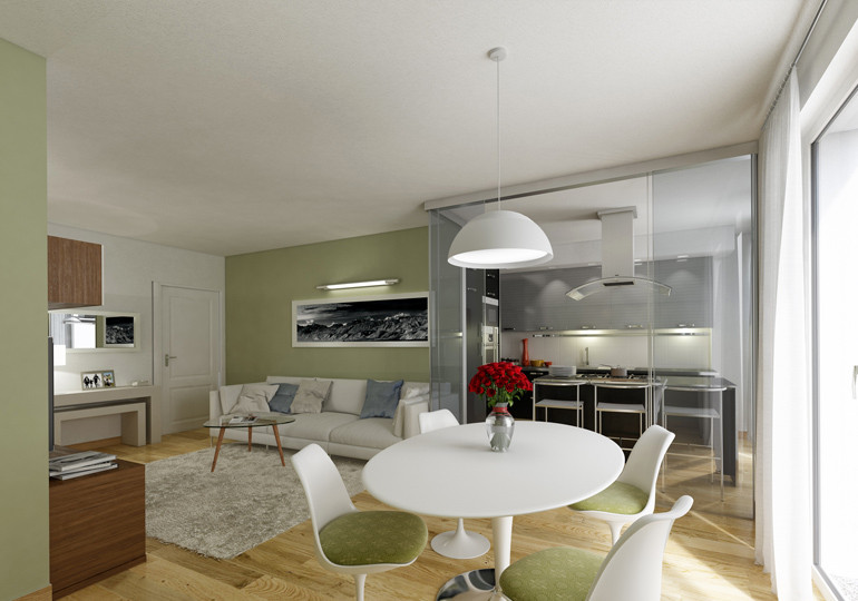 Idée de décoration pour une petite salle à manger ouverte sur la cuisine design avec un mur vert, parquet clair et un sol jaune.