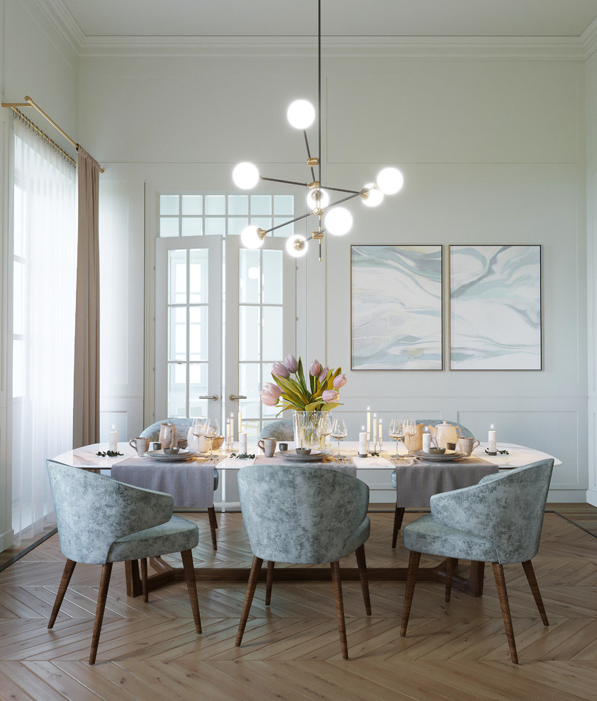 Esempio di una sala da pranzo nordica di medie dimensioni con pareti bianche, pavimento in legno massello medio e pavimento marrone
