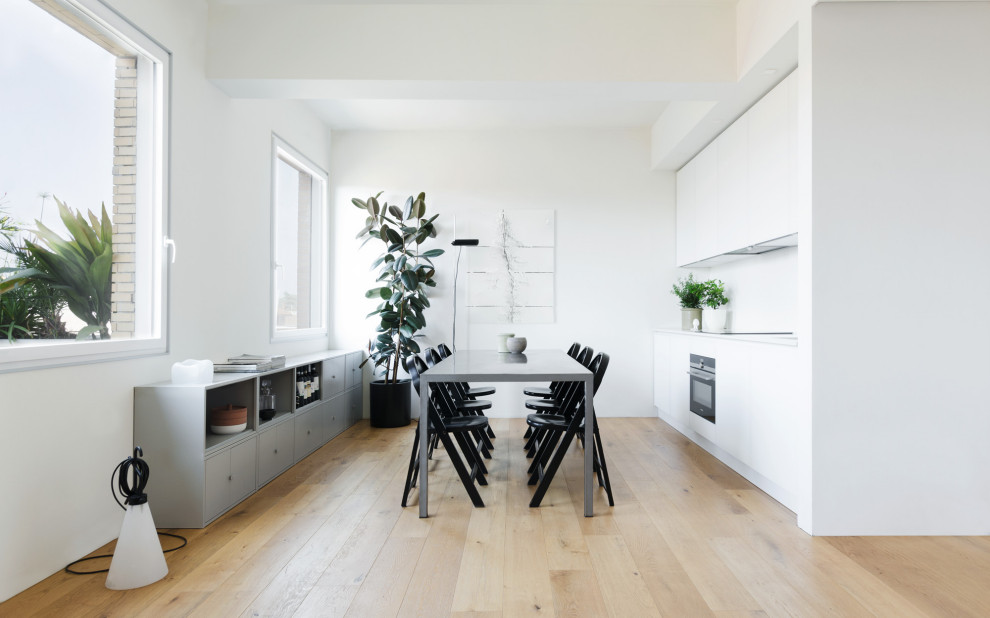 Cette image montre une salle à manger minimaliste avec un mur blanc et parquet peint.