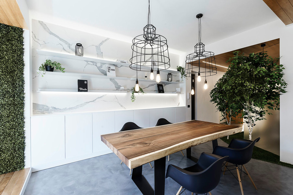 Immagine di una sala da pranzo aperta verso il soggiorno design di medie dimensioni con pareti bianche, pavimento in cemento, nessun camino e pavimento grigio
