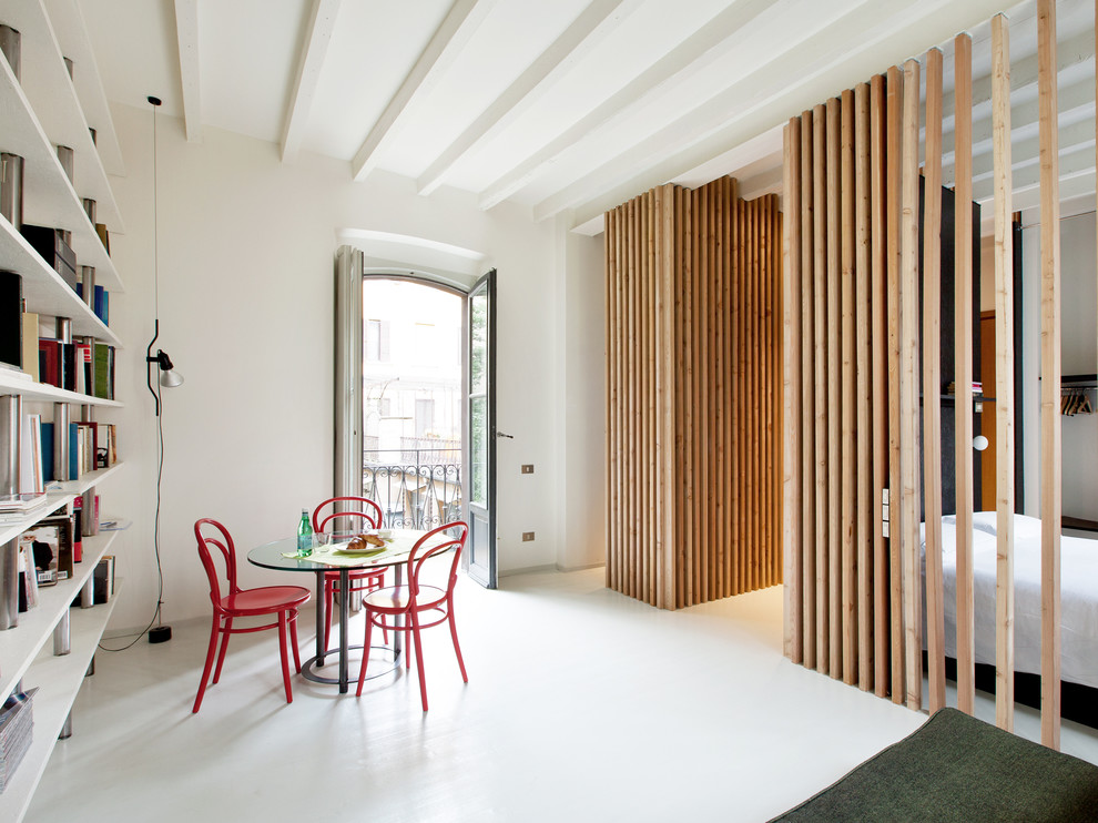 Esempio di una sala da pranzo aperta verso il soggiorno contemporanea di medie dimensioni con pareti bianche