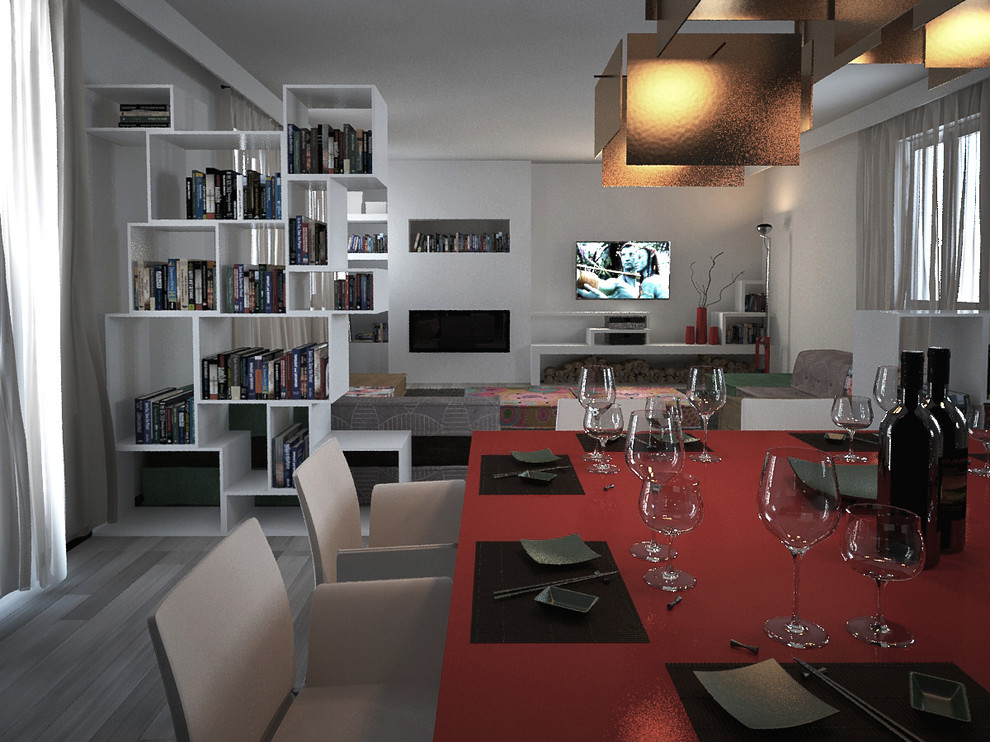Esempio di una sala da pranzo aperta verso il soggiorno design di medie dimensioni con pareti bianche, parquet chiaro e pavimento grigio