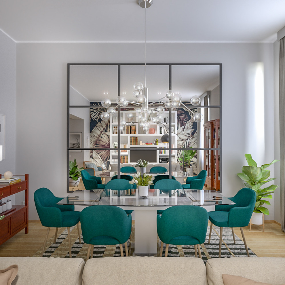 Foto di una sala da pranzo aperta verso il soggiorno contemporanea di medie dimensioni con pareti grigie, parquet chiaro e pavimento beige