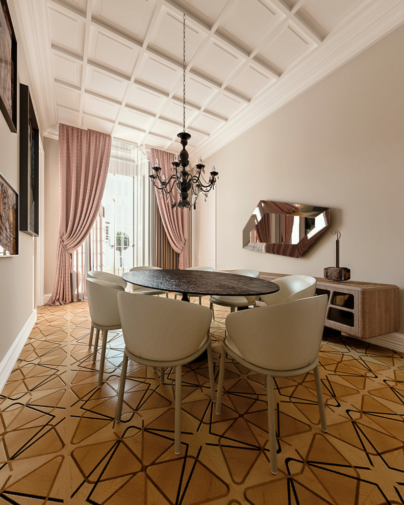 Immagine di una sala da pranzo contemporanea di medie dimensioni con pareti beige, parquet chiaro, pavimento multicolore, soffitto a cassettoni e boiserie