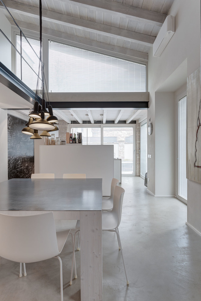 Immagine di un'ampia sala da pranzo aperta verso il soggiorno contemporanea con pareti bianche