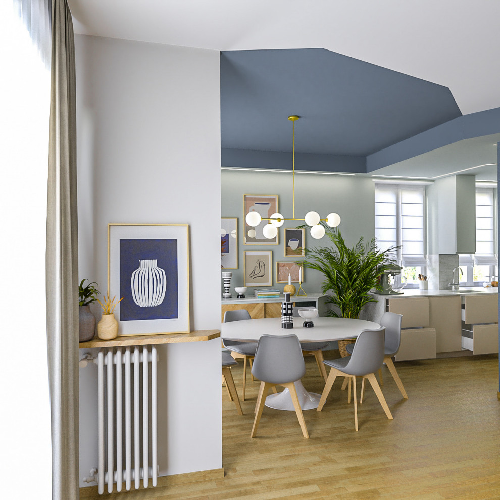 Ispirazione per una sala da pranzo aperta verso il soggiorno design di medie dimensioni con pareti multicolore e parquet chiaro