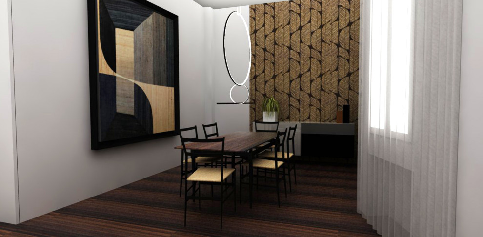Immagine di una sala da pranzo aperta verso il soggiorno moderna di medie dimensioni con pareti grigie, parquet scuro, pavimento marrone, soffitto ribassato e carta da parati