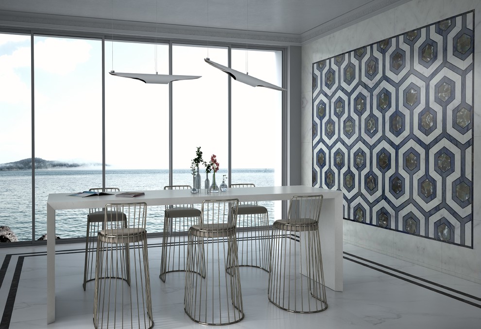Design ideas for a medium sized contemporary open plan dining room in Venice with marble flooring.