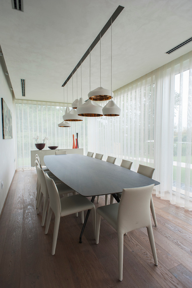 Foto de comedor nórdico con paredes blancas y suelo de madera en tonos medios
