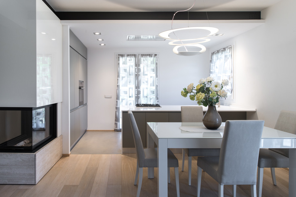 Great room - mid-sized modern light wood floor and beige floor great room idea in Other with white walls and a stone fireplace